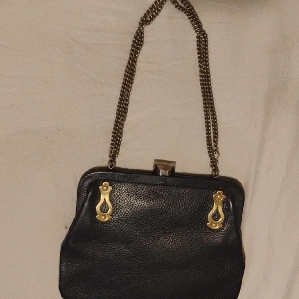 Vintage Black Pebbled Leather Handbag With Gold Chain